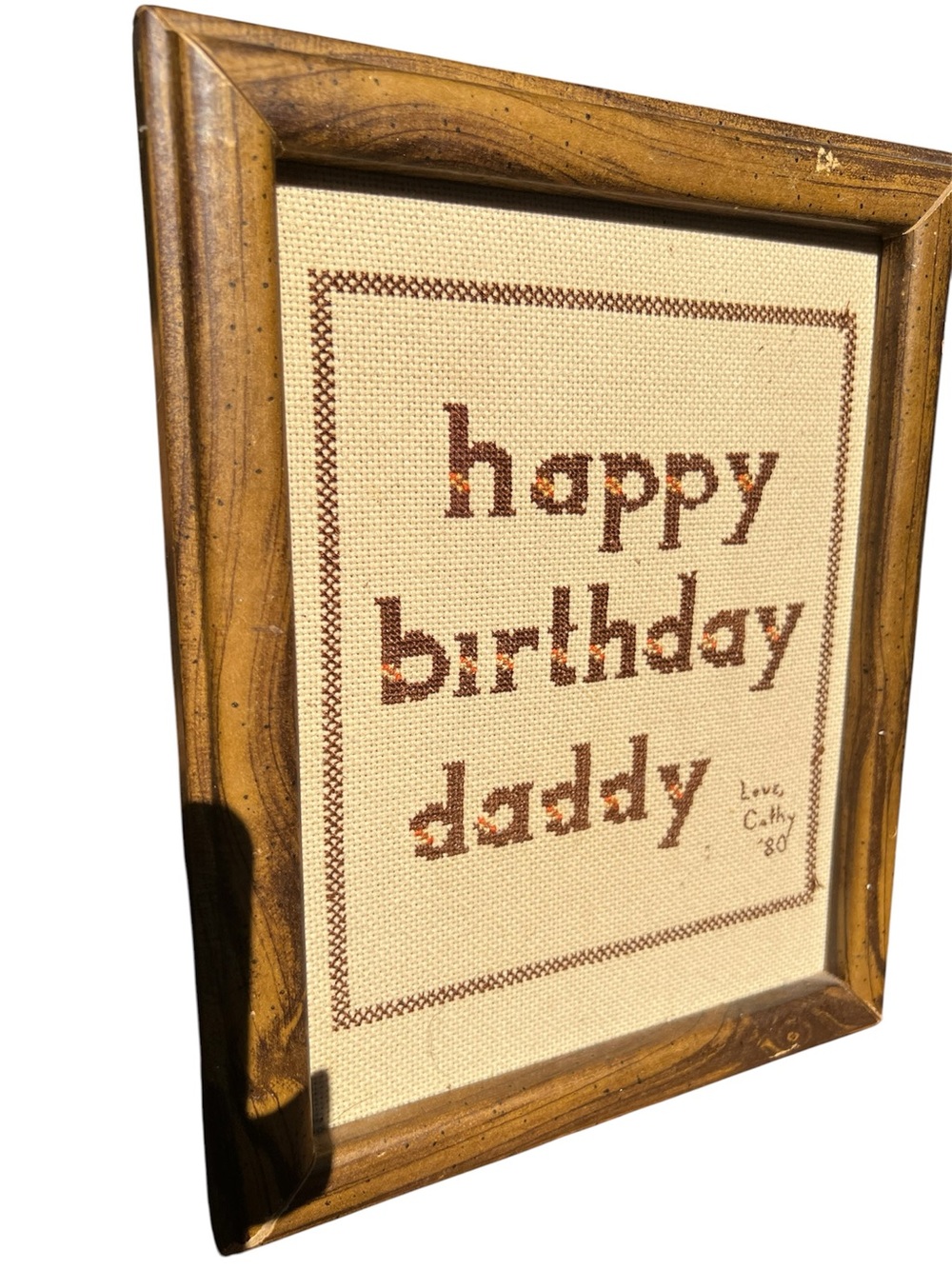 Handcrafted 'Happy Birthday Daddy' Cross-Stitch Wall Art - Brown & Cream